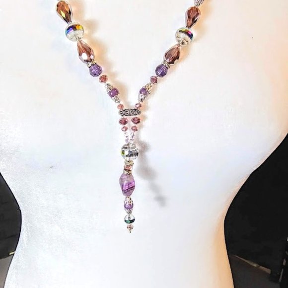 AMETHYST& PURPLE FLUORITE*LARIAT/Y STYLE NECKLACE & EARRINGS. - Picture 1 of 6